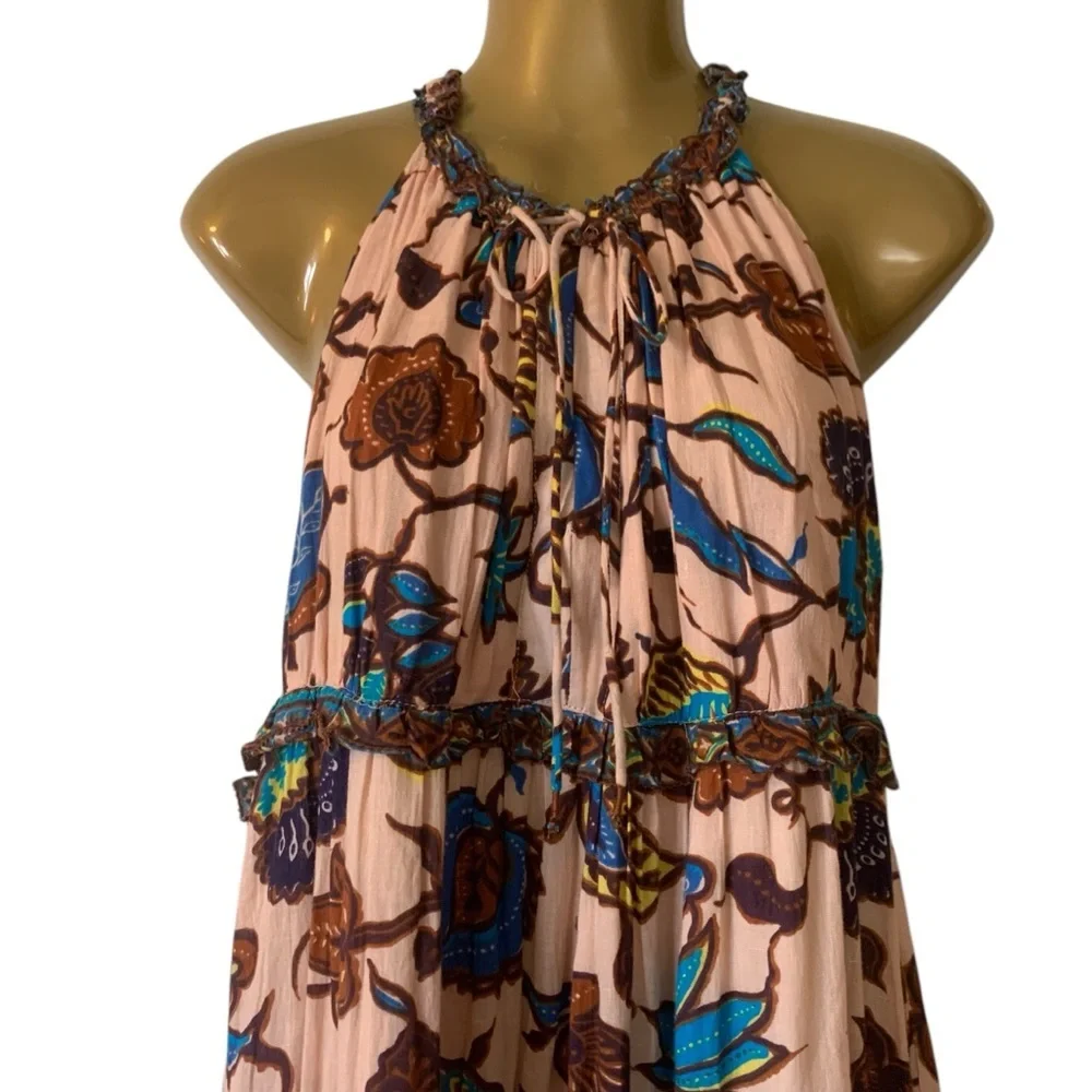 Anthro Love the label V-neck tiered ruffled maxi dress browns blues floral New S - Picture 10 of 16